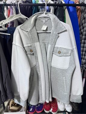 Light Gray & White Teddy Jacket with Contrast Pockets